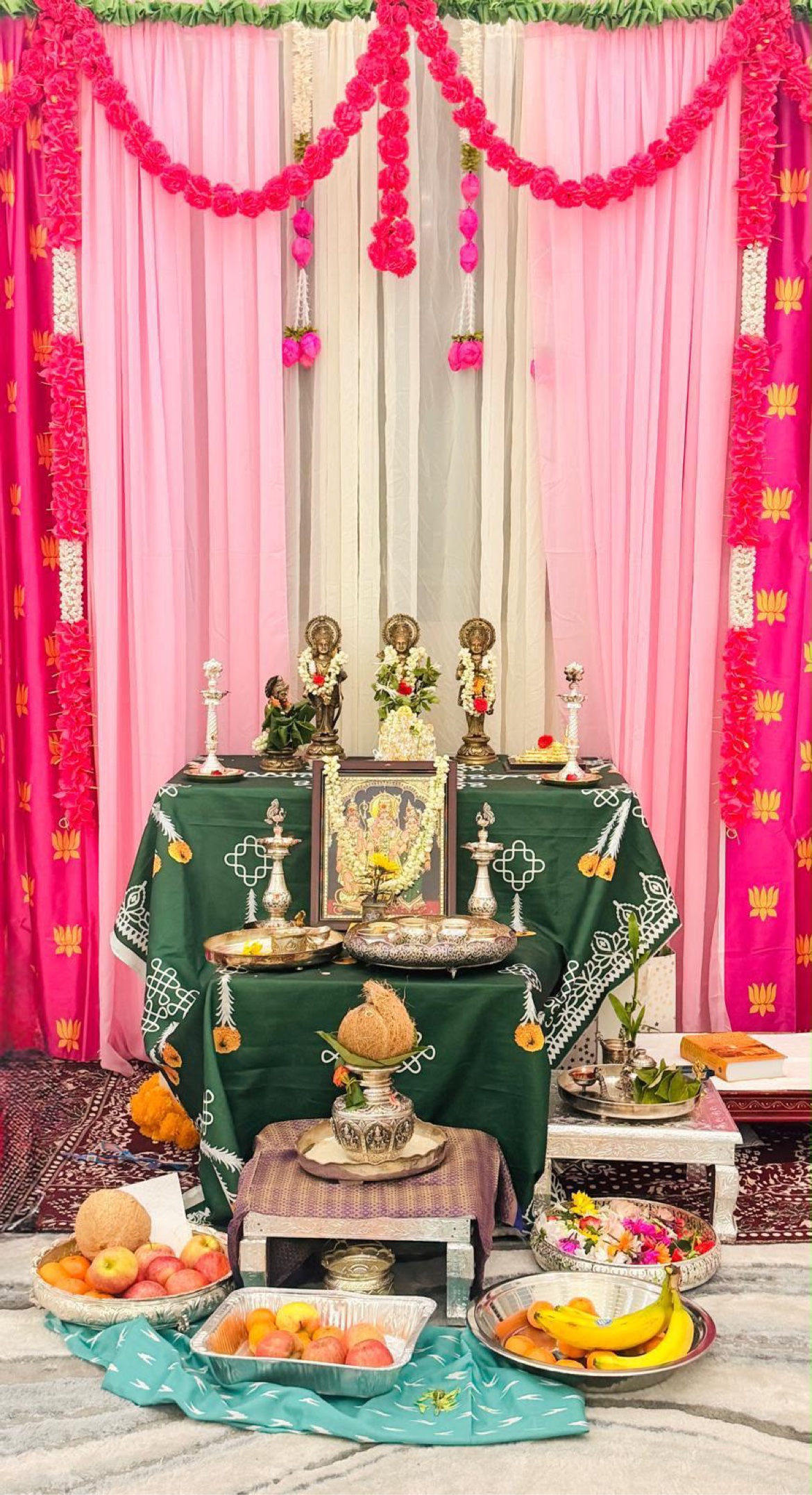 Traditional pooja decoration with marigold garlands by IK Party Rentals Leander TX
